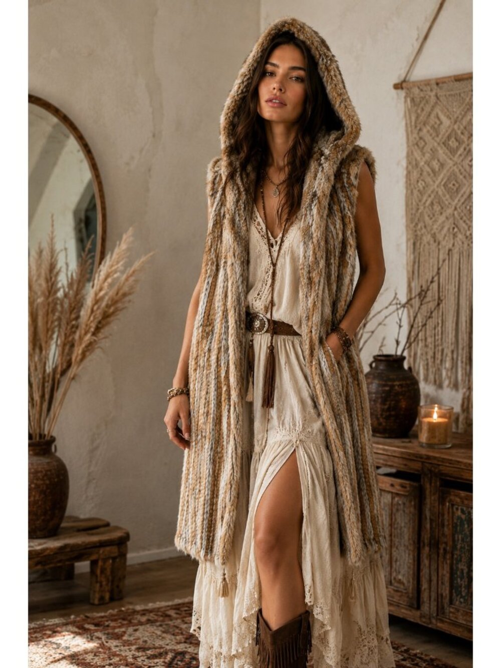 525 America Genuine Rabbit Fur Hooded Vest Women’s Long Sleeveless Coat Boho M - Picture 10 of 12